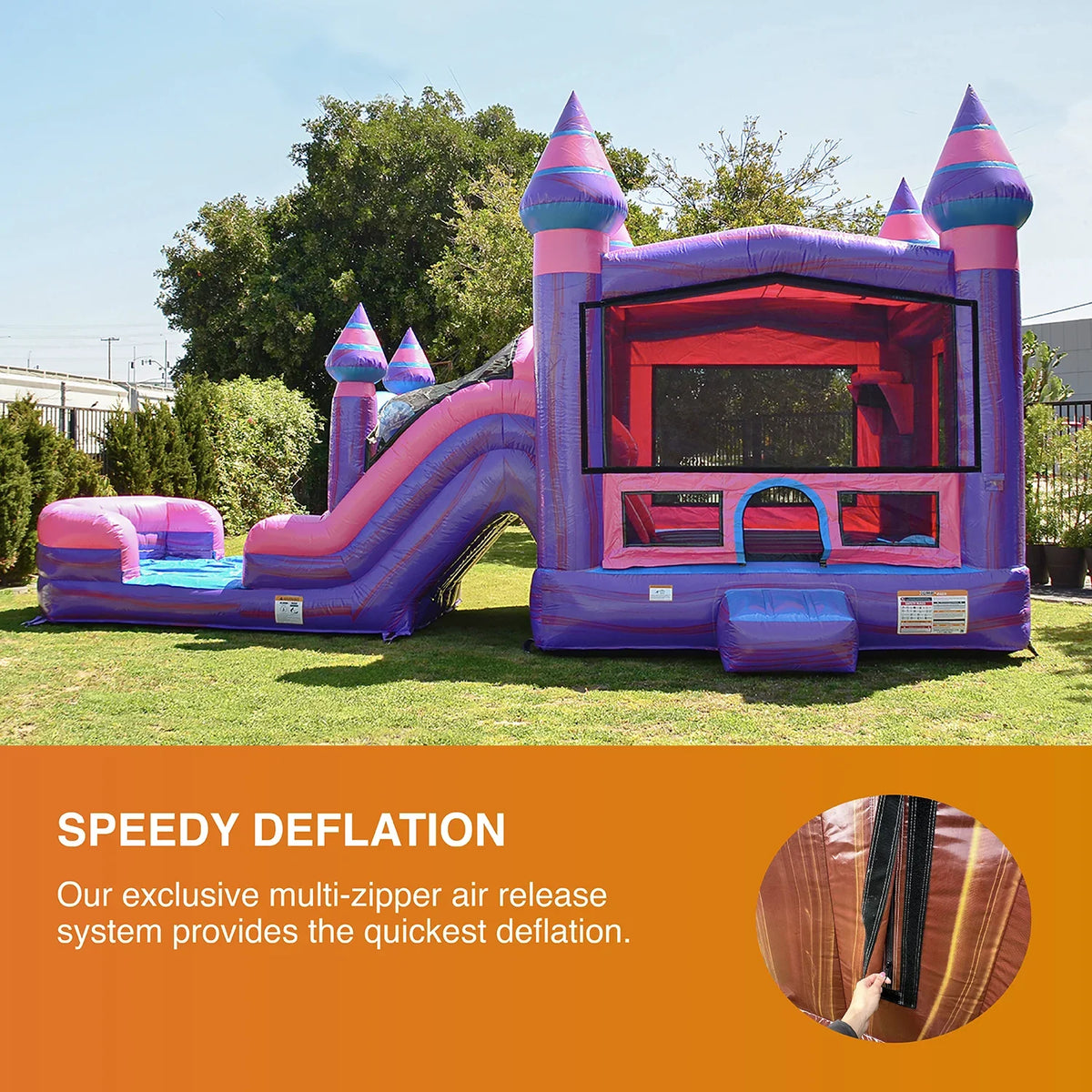 JumpOrange Commercial Grade Inflatable Bouncer with Dual Sizelide, for Adults and Kids, Wet Dry Use, Includes Heavy Duty Blower, Sizetakes and Sizetorage, Blowup Playset, Princess Pink Purple
