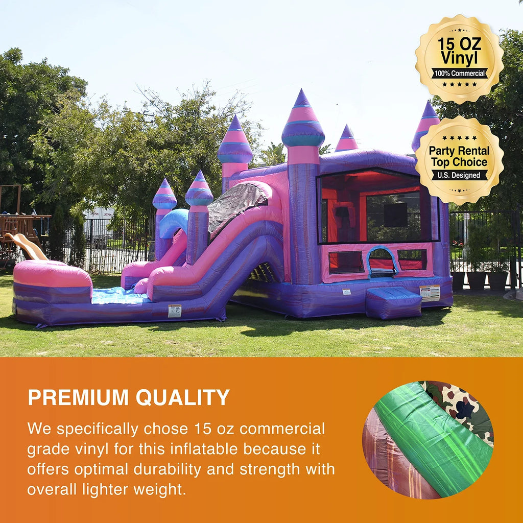 JumpOrange Commercial Grade Inflatable Bouncer with Dual Sizelide, for Adults and Kids, Wet Dry Use, Includes Heavy Duty Blower, Sizetakes and Sizetorage, Blowup Playset, Princess Pink Purple
