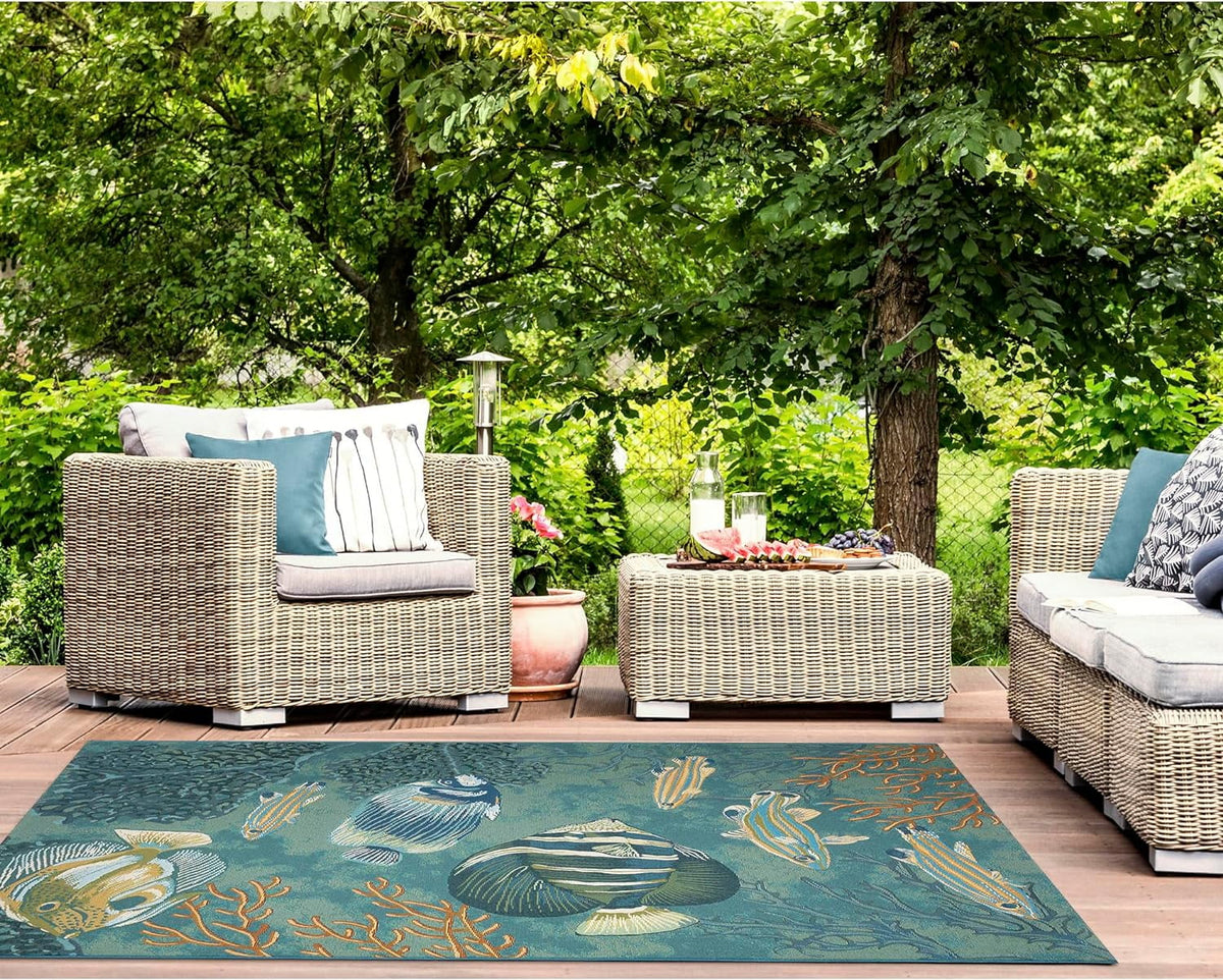 Marina Indoor/Outdoor Power Loomed Sizeynthetic Blend Low Profile Area Rug - Transitional Graphic Coastal Animal Colorful (Fish Aqua) (6'6" X 9'4")