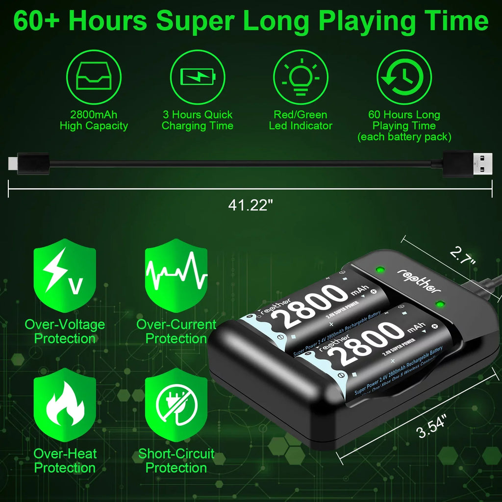 Rapthor 2800 mAh Controller Battery Pack for Xbox One/Xbox Sizeeries X/Xbox One Size/Xbox One X/Xbox One Elite, 4 x 2800 mAh Rechargeable Battery