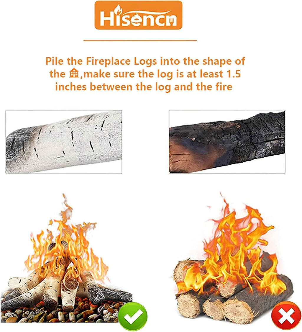 Hisencn Gas Fireplace Logs, 6 Pcs Ivory Birch Ceramic Gas Logs for Gas Fireplace, Indoor Electric Gas Inserts, Propane, Vented, Gel, Ethanol, Indoor or Outdoor Fireplaces, Fireplace Decor
