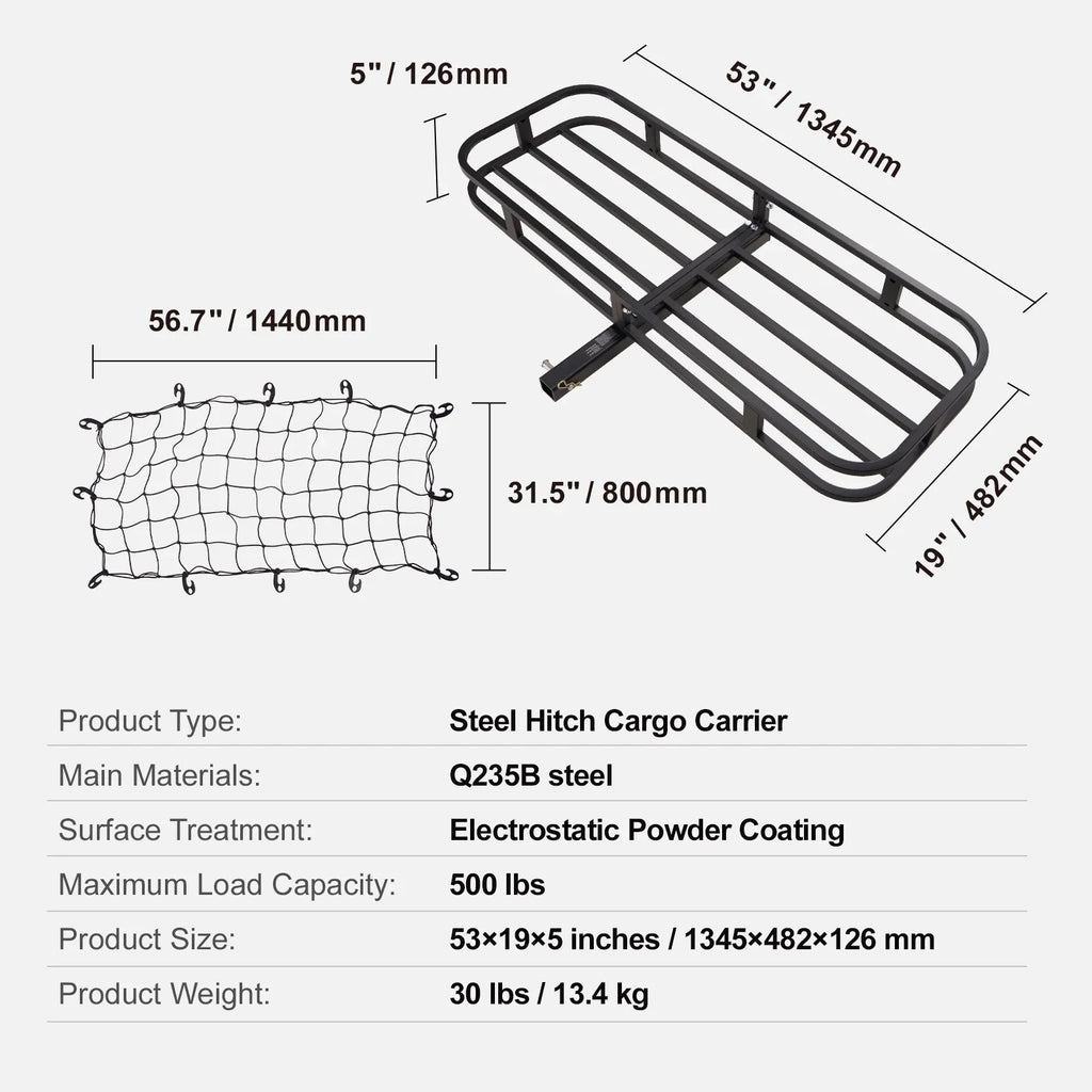 SizeKYSizeHALO Hitch Mount Cargo Carrier 500lb 53x19x5 in & Cargo Net Fits 2" Receiver