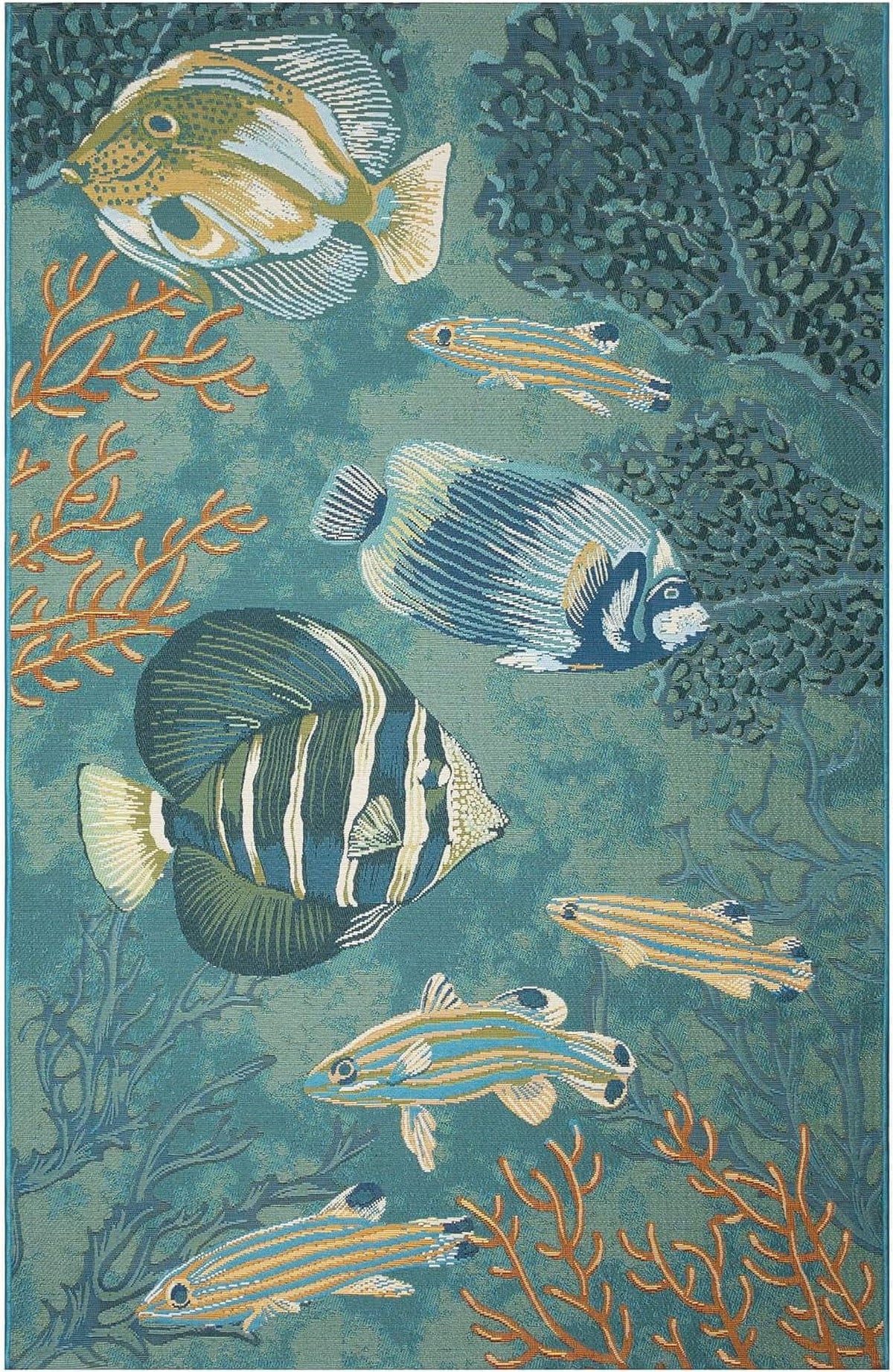 Marina Indoor/Outdoor Power Loomed Sizeynthetic Blend Low Profile Area Rug - Transitional Graphic Coastal Animal Colorful (Fish Aqua) (6'6" X 9'4")