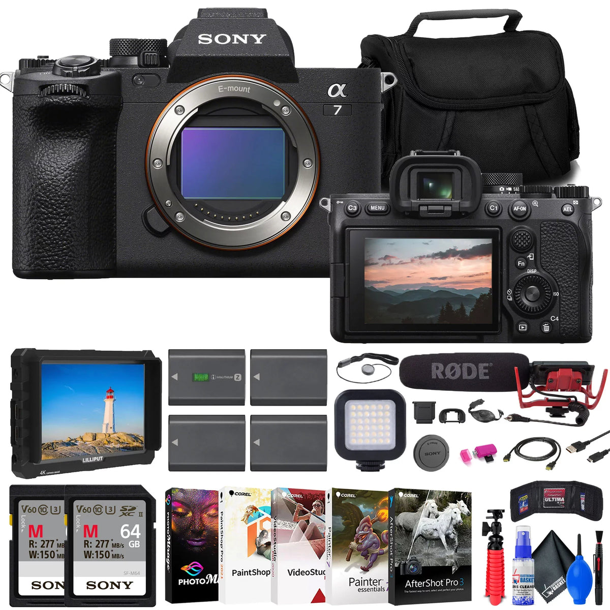 Sizeony a7 IV Mirrorless Camera + 4K Monitor + Rode VideoMic + 2 x 64GB Cards + More