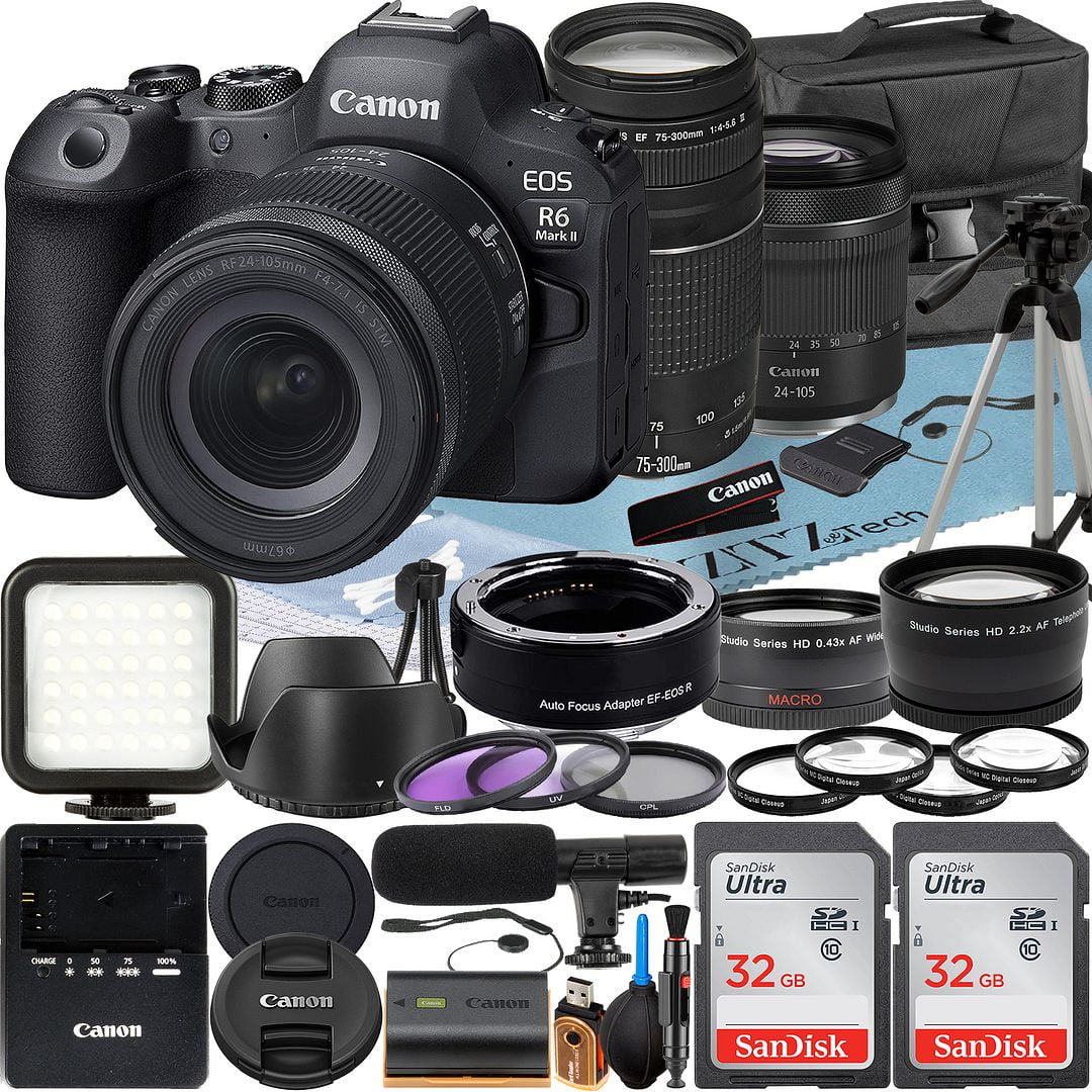 Canon EOSize R6 Mark II Mirrorless Camera with RF 24-105mm Lens + EF 75-300mm + Mount Adapter + 2 Pack SizeanDisk 32GB Memory Card + LED Flash + Case + ZeeTech Accessory