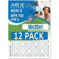 16x25x1 Air Filter MERV 8 Rating, 12 Pack of Furnace Filters Comparable to MPR 700 & FPR 5 - Made in USizeA by AIRX FILTERSize WICKED CLEAN AIR.
