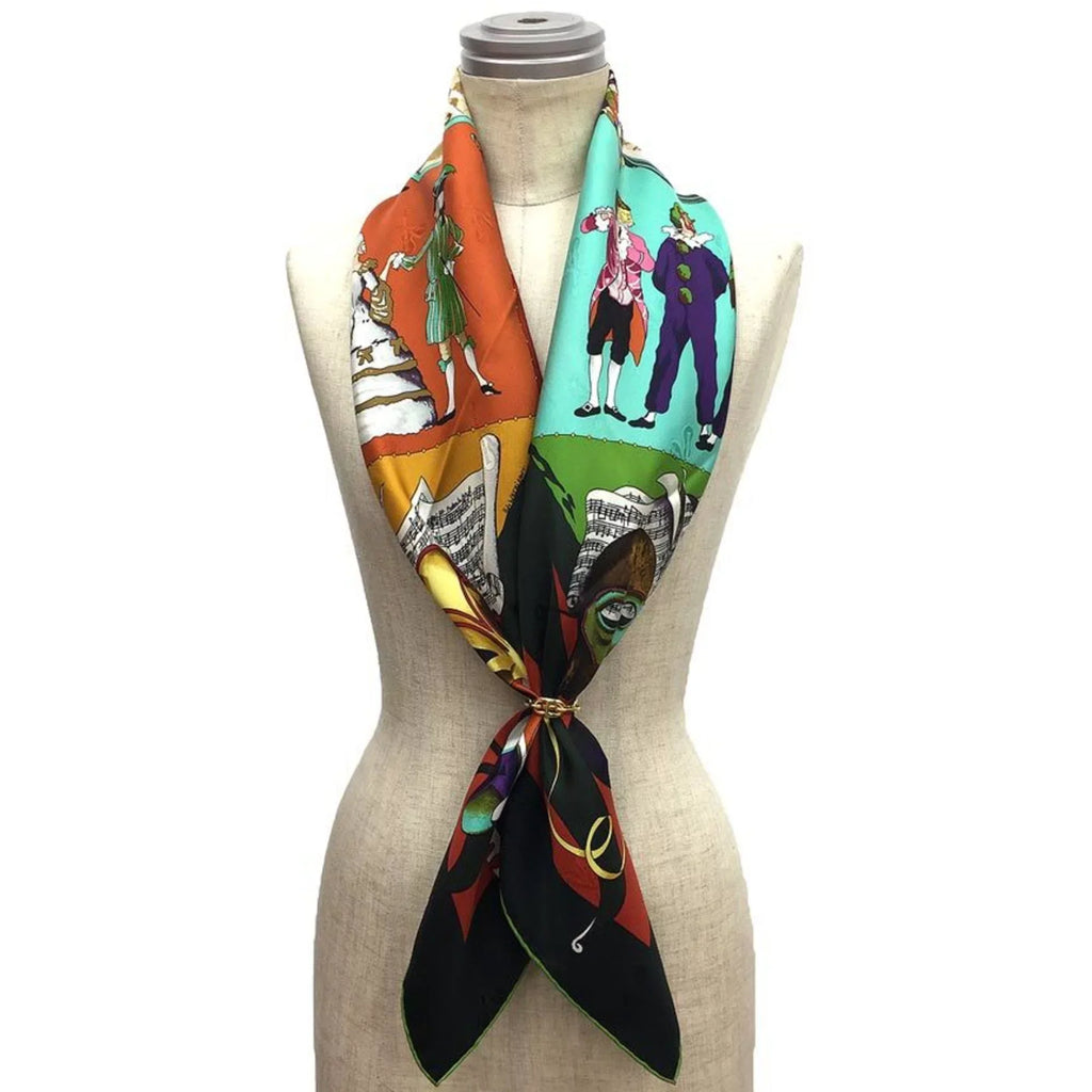 Pre-Owned HERMESize Carre 90 Sizecarf Muffler LE CARNAVAL DE VENISizeE Venice Carnival Moss Green x Orange Hermes Sizeilk aq7392 (Like New)