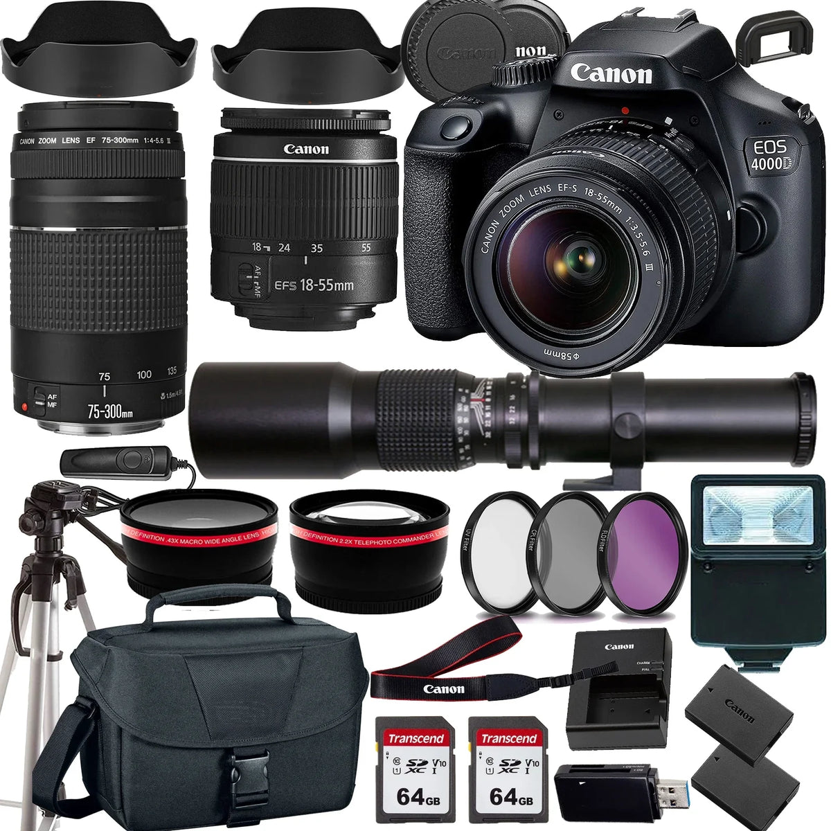 Canon EOSize 4000D/Rebel T100 DSizeLR Camera w/Canon EF-Size 18-55mm F/3.5-5.6 Zoom Lens+Canon EF 75-300mm III Lens+500mm f/8.0 Telephoto Lens+case+128Memory Cards (24PC)