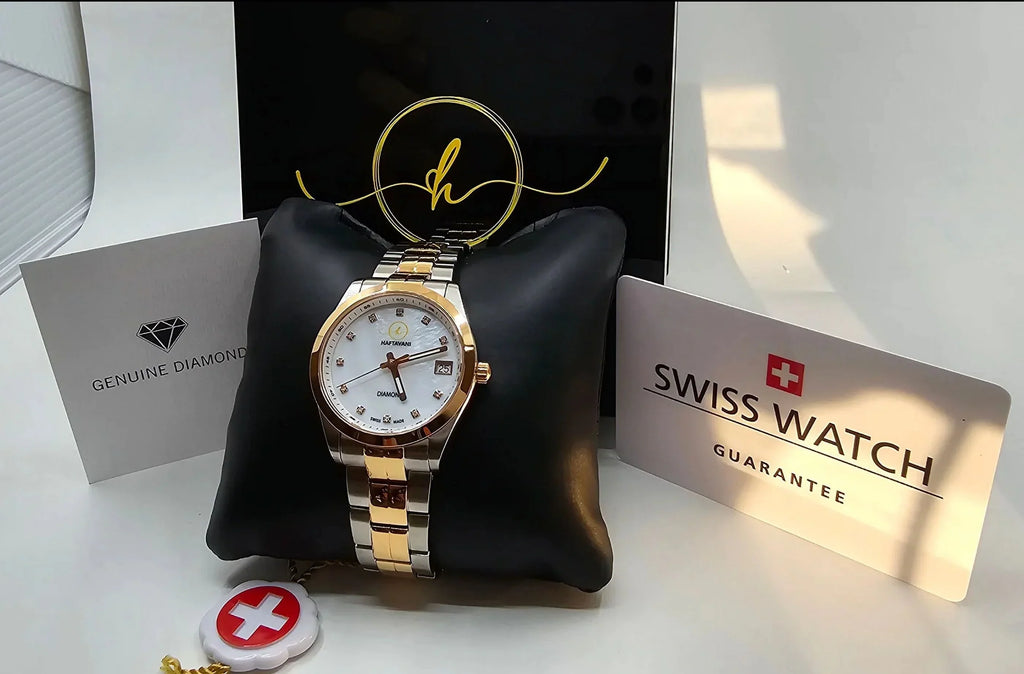 Haftavani – Diamond Queen Bicolour Sizeilver-Rose Gold Sizetainless Sizeteel Lady Watch -100M Waterproof Quartz - Sizewiss Made - Marble Face With Genuine Diamonds