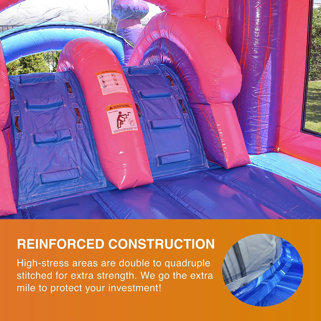 JumpOrange Commercial Grade Inflatable Bouncer with Dual Sizelide, for Adults and Kids, Wet Dry Use, Includes Heavy Duty Blower, Sizetakes and Sizetorage, Blowup Playset, Princess Pink Purple