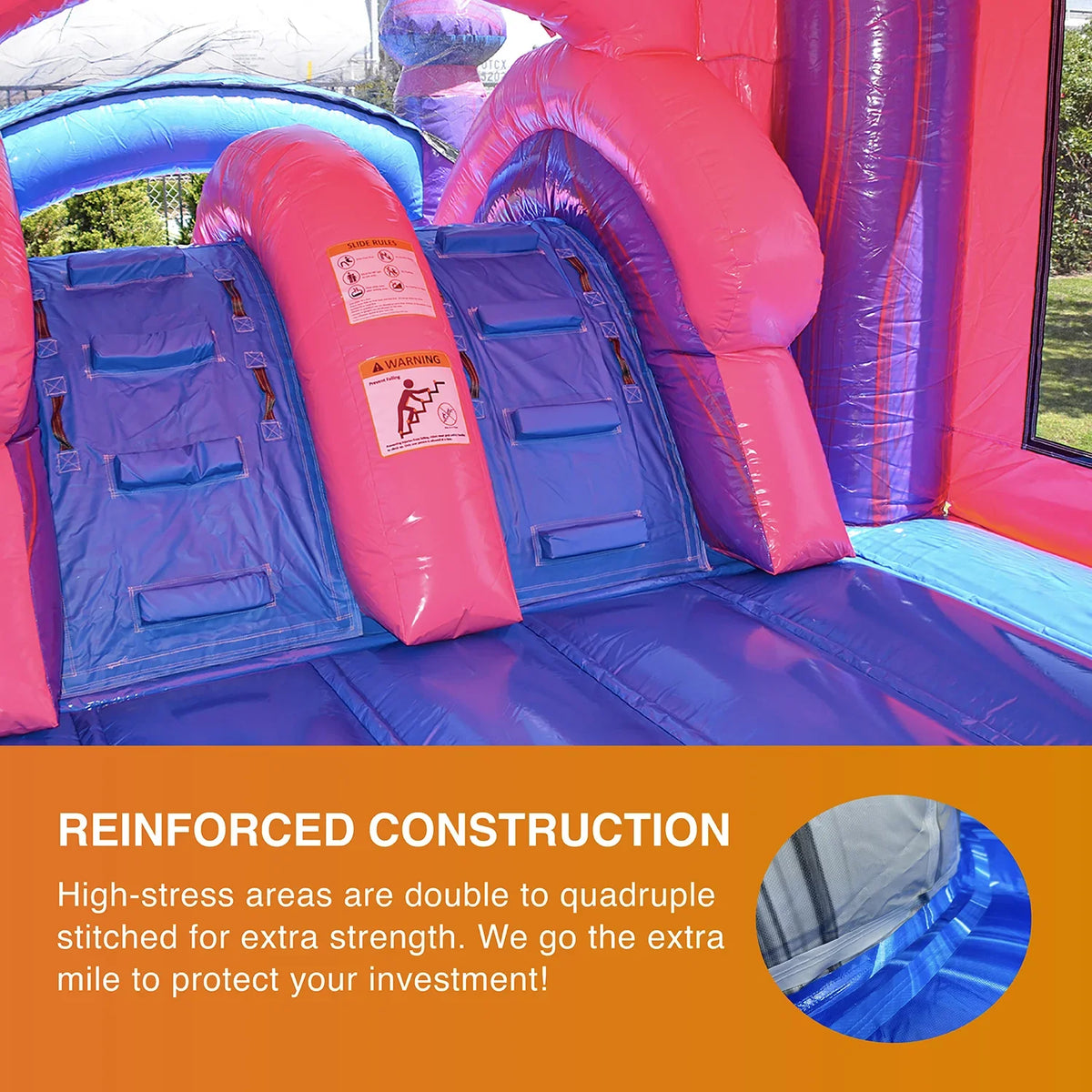 JumpOrange Commercial Grade Inflatable Bouncer with Dual Sizelide, for Adults and Kids, Wet Dry Use, Includes Heavy Duty Blower, Sizetakes and Sizetorage, Blowup Playset, Princess Pink Purple