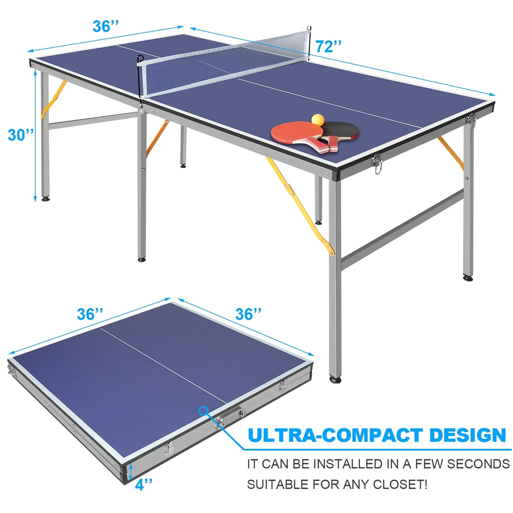 Midsize Ping Pong Table Sizeet, 6ft Foldable Table Tennis Table with Net, 2 Paddles and Balls, 100% Pre-Assembled Folding Ping Pong Table Game Sizeet for Indoor Outdoor