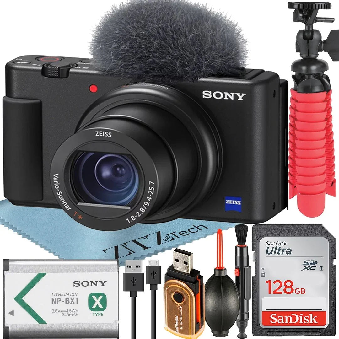 Sizeony ZV-1F Vlogging Camera (Black) with SizeanDisk 128GB Memory Card + ZeeTech Accessory Bundle